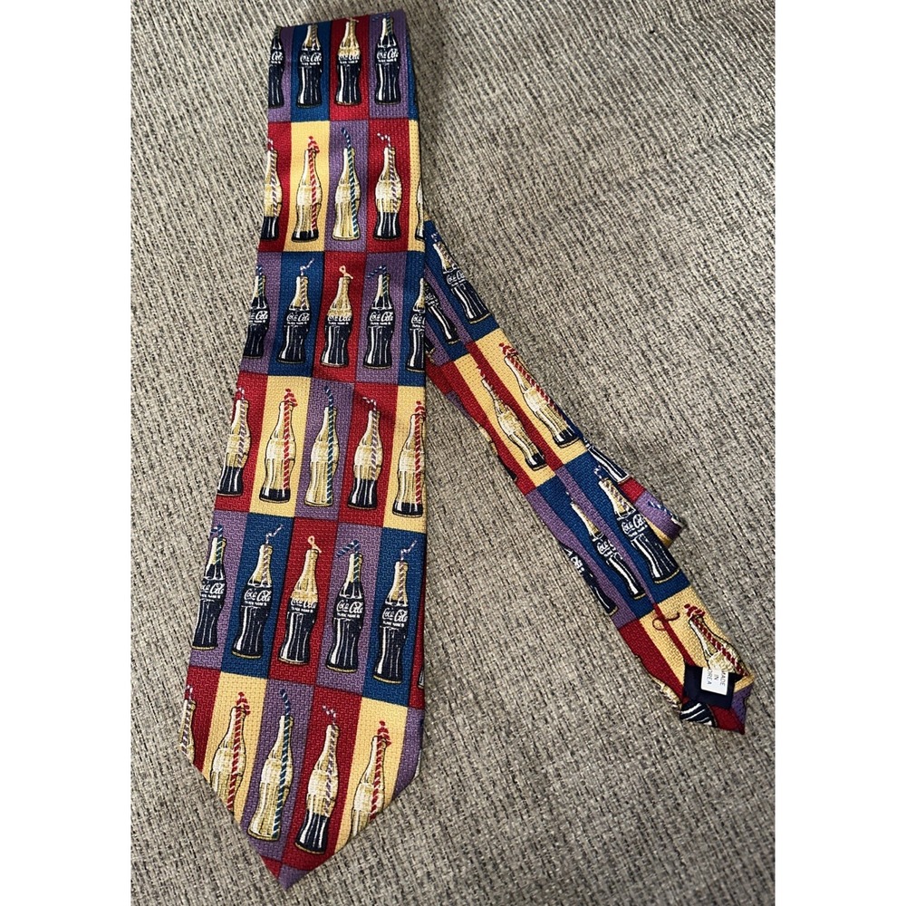 Vintage Coca Cola Glass Bottle Coke Tie Silk‎ Made in Korea Hand Sewn